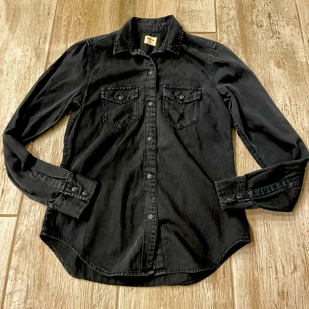 Embellished Western Grey Denim Button Down Shirt